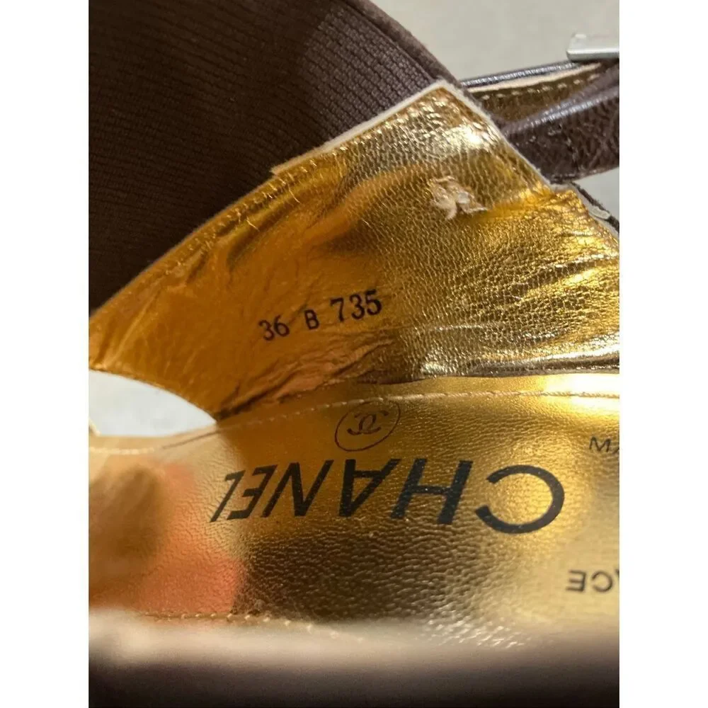 Chanel Open Toe Sandal Heels in Gold and Brown Size 35.5/36